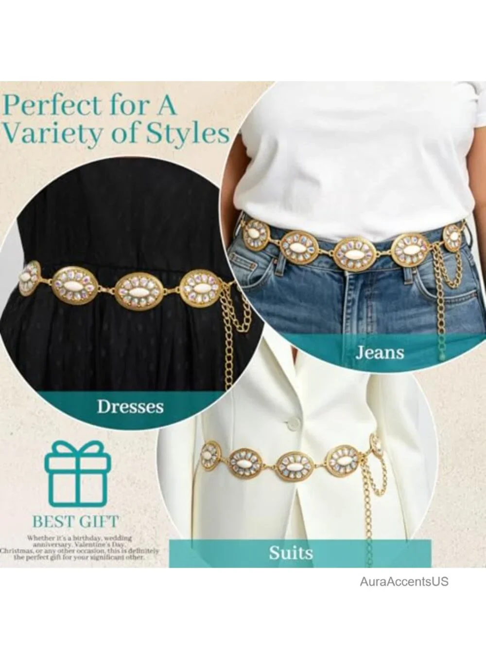 Turquoise Concho Chain Waist Belt, Western Cowgirl Metal Belt for Dresses &